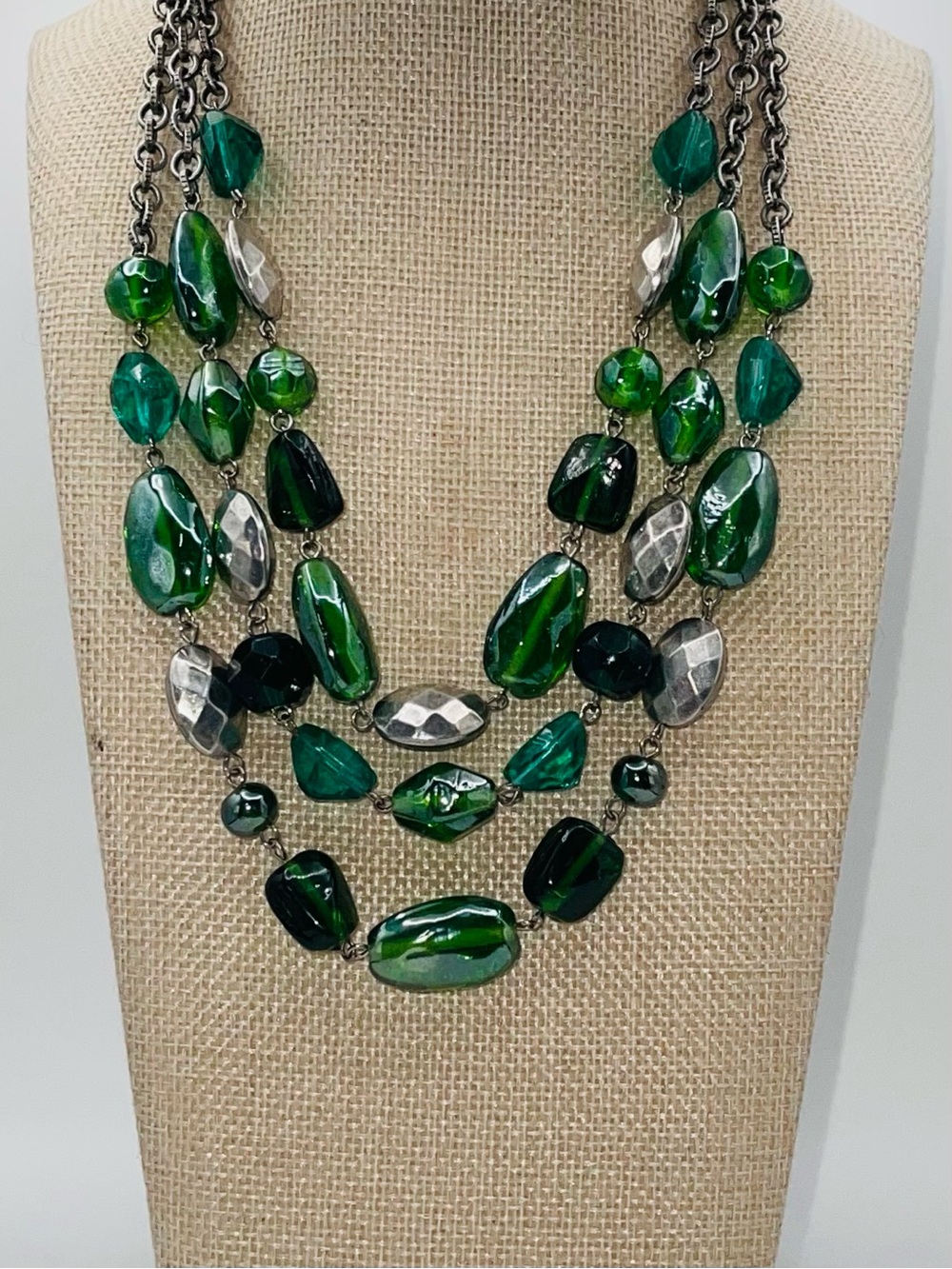 Chunky Green Glass Triple Strand Statement Necklace Silver Tone Accents